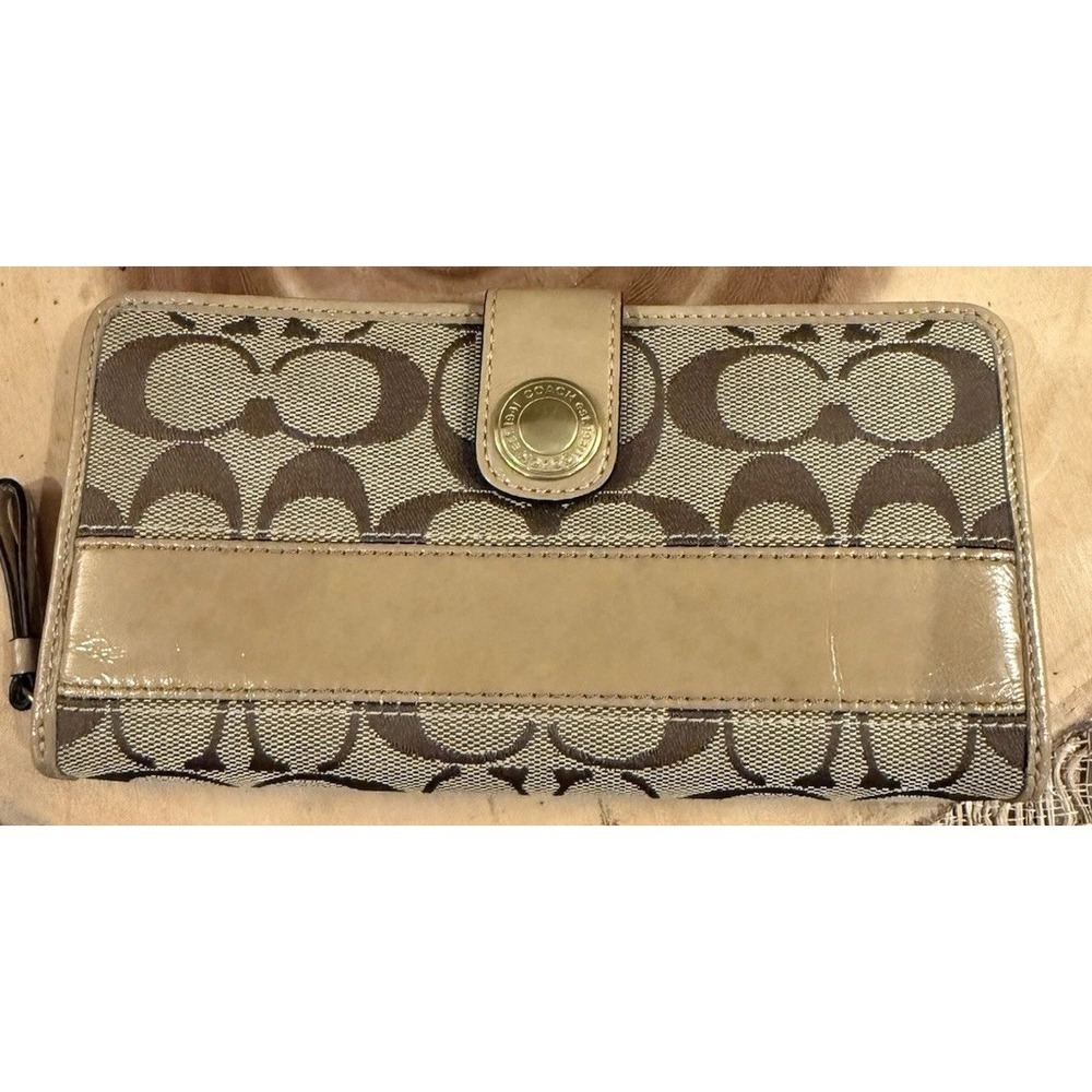 Coach Signature Tan Canvas Leather Trim 65th Anniversary Zip Wallet 41631 Stripe
